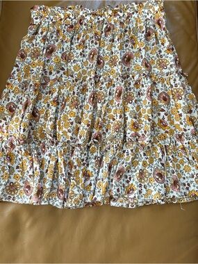 Boho Floral Tiered Mini Skirt - White with Mustard & Mauve Flowers